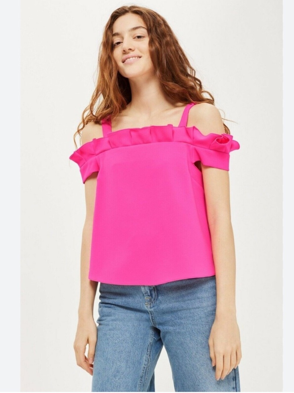 TOPSHOP hot pink cold-shoulder top with ruffle detail.